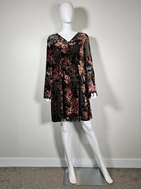 Kut from the Kloth Black Velvet Floral V-Neck Long-Sleeve Dress Sz 8